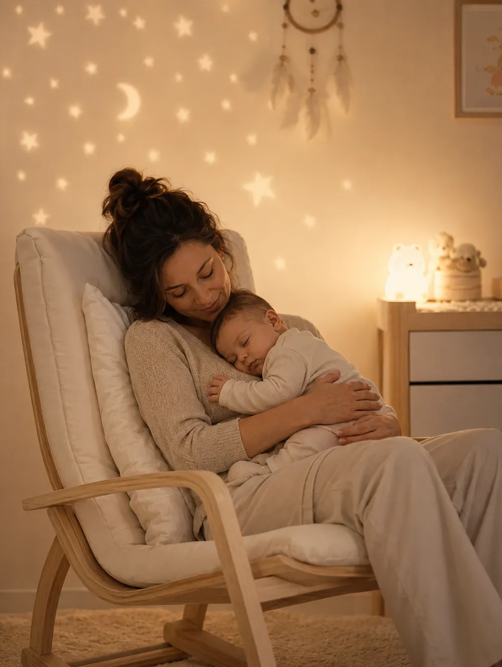 Maman berçant son bébé endormi sur un fauteuil, dans un intérieur doux et étoilé
